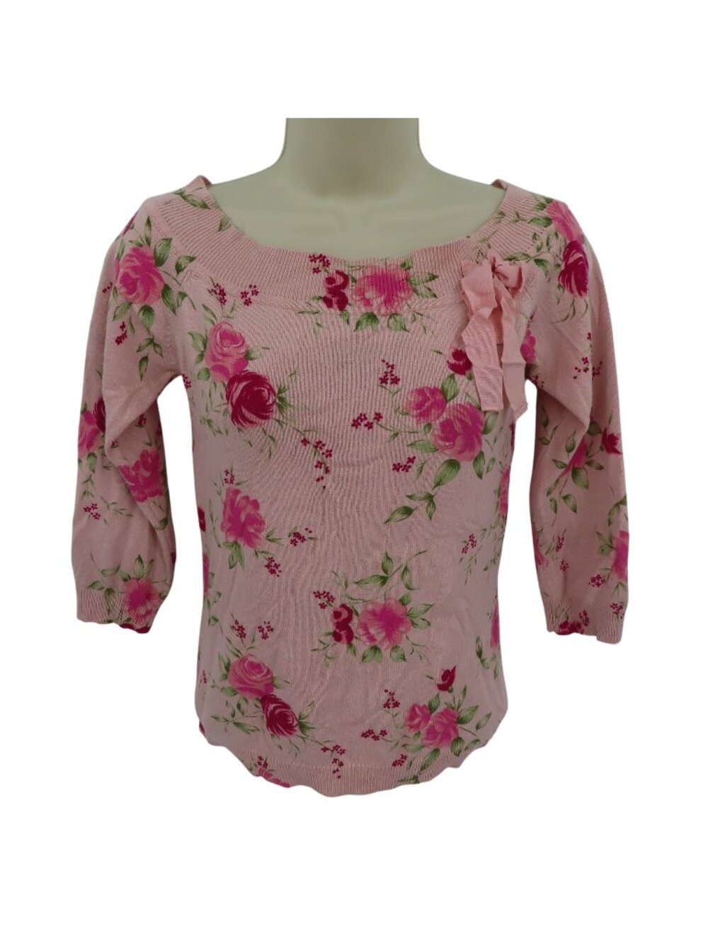 Arden B Women Medium Silk Cashmere Pink Rose Flower Floral Boat Neck Sweater Bow